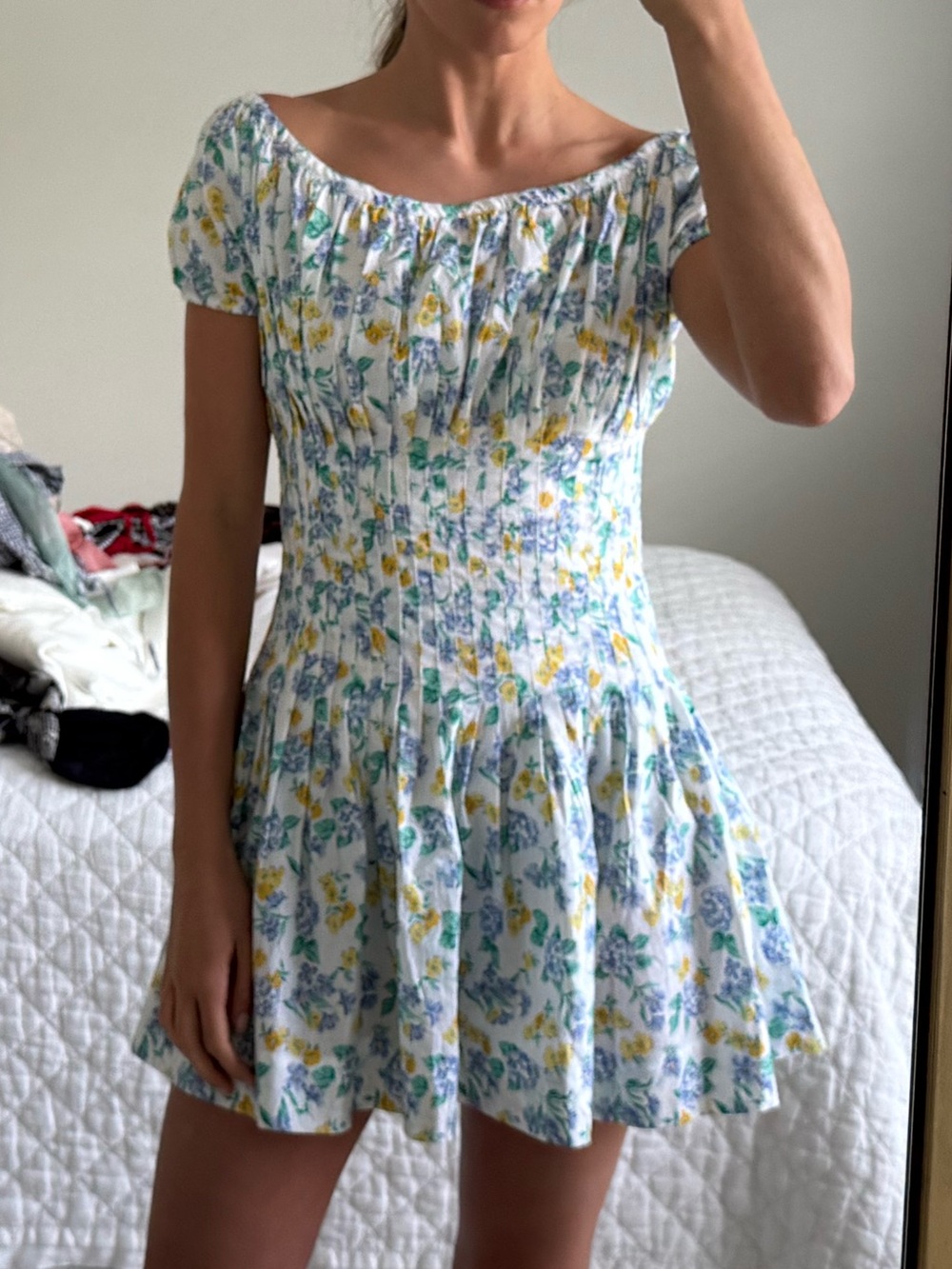 Frankie's Bikinis Blue and Yellow Floral Off-Shoulder Mini Dress